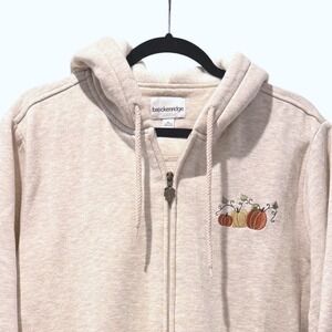 Breckenridge Womens XL Embroidered Pumpkin Scarecrow Zip Hoodie Sweatshirt Beige